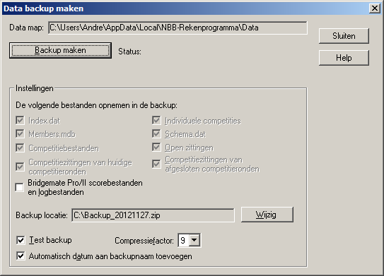 Het NBB-Rekenprogramma en bestanden 31 4. Ga naar Systeem->Bestandsbeheer->Back-up maken. U ziet nu het volgende scherm. 5.