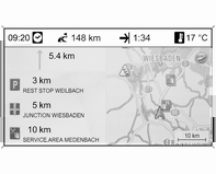 162 Infotainmentsysteem Routebegeleiding actief Als routebegeleiding actief is, wordt de volgende informatie weergegeven (afhankelijk van de huidige Navigatieopties-instellingen, zie hoofdstuk