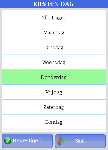 SR.NET - Gegevens beheren in de SR.NET Software 5. Bij de optie Dag weergave kunt u kiezen of u de reclame elke dag wil laten weergeven of op een gekozen dag. (zie Figuur 5.6.6 en Figuur 5.6.7) Figuur 5.