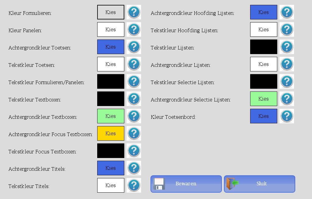SR.NET - Gegevens beheren in de SR.NET Software In dit scherm kunt u de kleuren van het programma instellen naar wens.