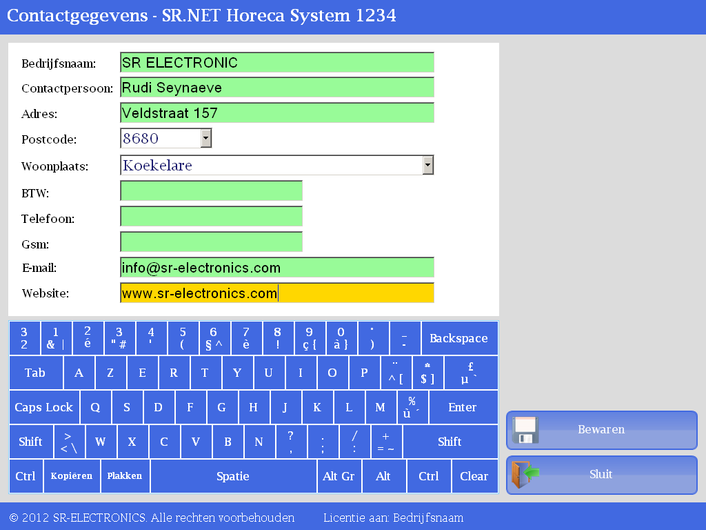 SR.NET - Gegevens beheren in de SR.NET Software In het scherm Contactgegevens kunt u de gegevens van uw zaak instellen. Deze gegevens worden gebruikt indien de SR.