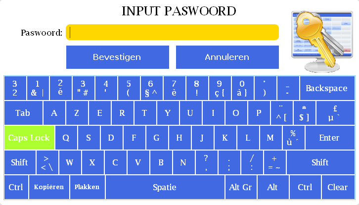 (zie Figuur 5.1.1 en 5.1.2) Figuur 5.1.2 Figuur 5.1.1 Figuur 5.1.3 Er wordt gevraagd om een paswoord in te geven. (zie Figuur 5.1.3) Standaard is het paswoord 1958 maar deze kan u zelf wijzigen in het scherm paswoord wijzigen.