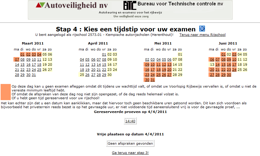 U ziet hier zowel de gereserveerde proeven staan als de proeven die nog mogelijk zijn in de door uw rijschool