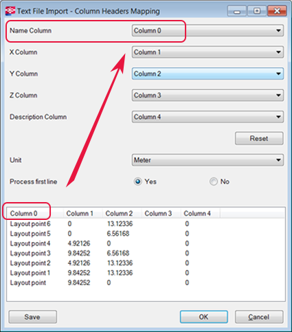 Puntbestandkolommen in de Layout Manager definiëren U kunt layout-punten in een puntbestand in uw model importeren. Het puntbestand geeft de namen van de layout-punten en de coördinaten weer.