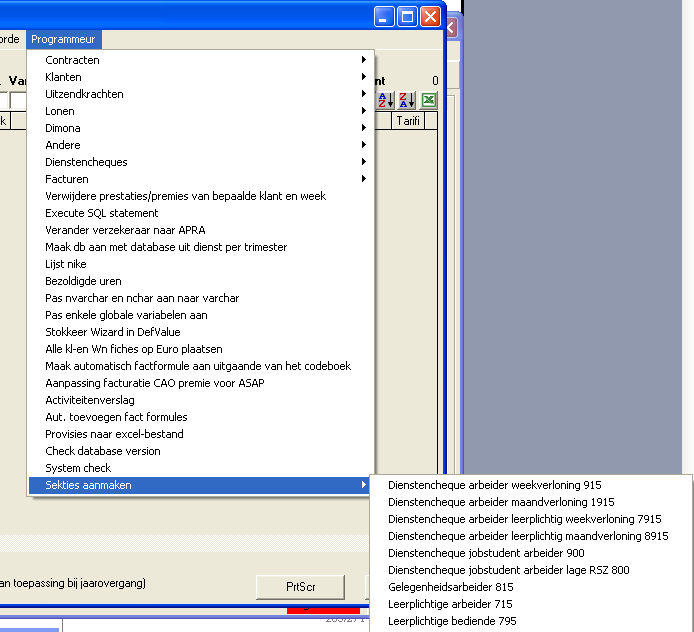 Er bestaat een programmatie voor de aanmaak van volgende sekties: Dienstencheque arbeider weekverloning (915) Dienstencheque arbeider maandverloning (1915) Dienstencheque arbeider leerplichtig