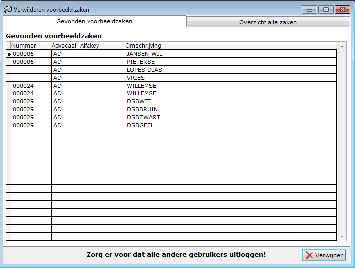 Tabblad 1 Overzicht van gevonden voorbeeldzaken. Tabblad 2 Overzicht van alle zaken.