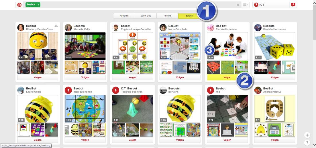 Zoeken naar andere pins Je hebt nu pins van anderen gebruikt of zelf pins gemaakt via Internet of van je apparaat. Je kunt bij zoeken ook kiezen voor borden over het onderwerp (1).