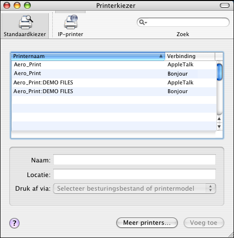 MAC OS X 23 EEN PRINTER TOEVOEGEN MET DE VERBINDING STANDAARDKIEZER (BONJOUR OF APPLETALK) OPMERKING: De Bonjour-printerinstelling werkt alleen als de EX Print Server zich in hetzelfde LAN bevindt