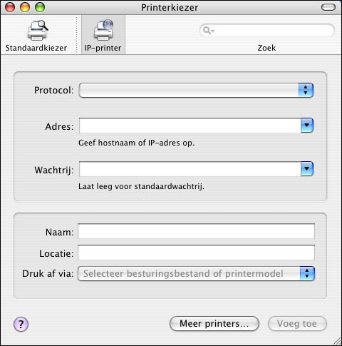 MAC OS X 25 6 Klik op Ga door. De EX Print Server en het bijbehorende IP-adres worden weergegeven in de lijst met printers.