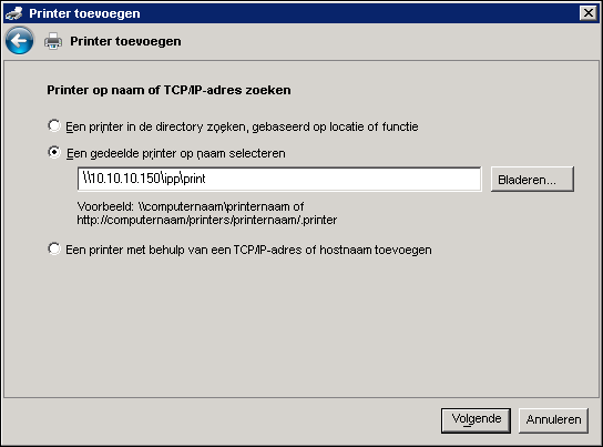 WINDOWS 53 5 Windows 2000/XP/Server 2003/Vista: typ in het veld URL het IP-adres of de DNS-naam van de EX Print Server gevolgd door ipp/ en vervolgens de naam van de verbinding (print, hold, direct