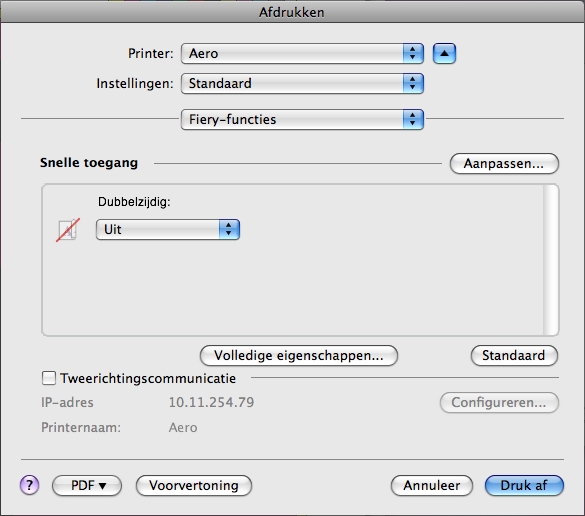 MAC OS 57 AFDRUKOPTIES INSTELLEN EN AFDRUKKEN VANUIT MAC OS X 1 Selecteer Bestand > Afdrukken in de toepassing waarmee u werkt en selecteer de EX Print Server als uw printer.