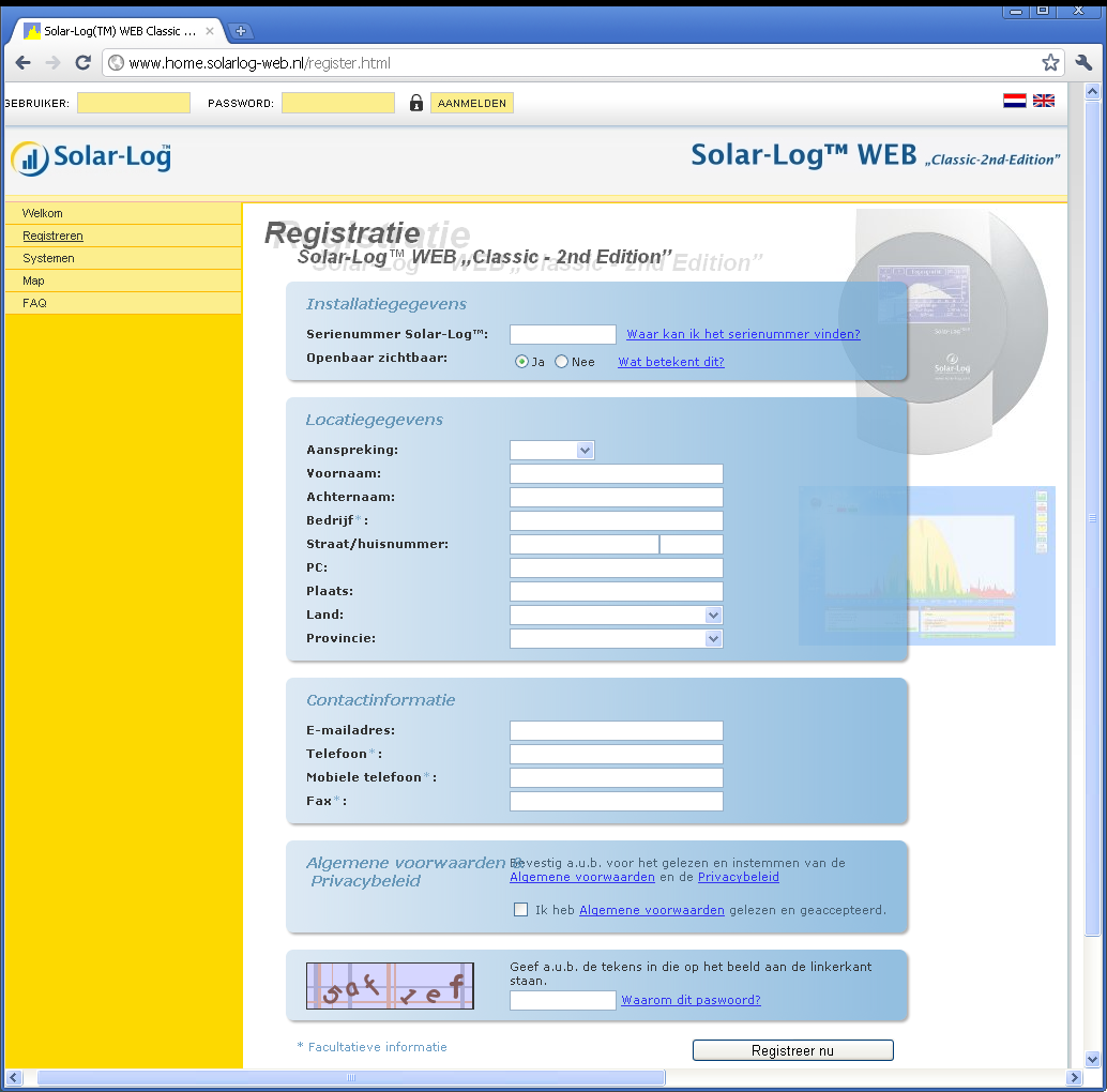 Solar-Log WEB gebruiken Of open de startpagina onder http://home2.solarlog-web.de/willkommen.html 2 Kies in de linker navigatiebalk de optie Registreren. Het registratieformulier wordt weergegeven.