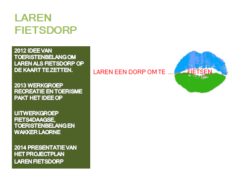 In 2012 is het idee ontstaan om Laren als fietsdorp op de kaart te zetten. In een vergadering van toeristenbelang kwam iemand met het idee om borden te plaatsen bij de komgrens van ons mooie dorp.