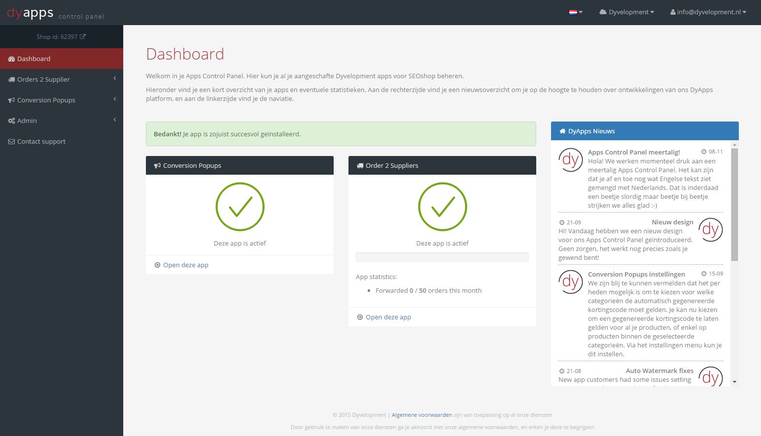 2.1. Dashboard Het dashboard is de centrale plek waar u terechtkomt wanneer u bent ingelogd in het Apps Control Panel.