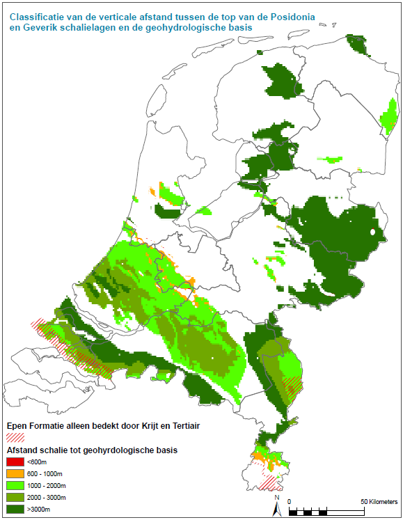 Figuur 5.10 Classificatie van de verticale afstand tussen watervoerende pakketten en de gebieden met potentieel schaliegashoudende lagen in de ondergrond.