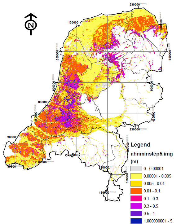 Figuur 2.5 Maaivelddaling (m) na 50 jaar als gevolg van handhaving van huidige drooglegging bij huidig klimaat. (De Lange & Gunnink, 2013) 2.