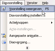 5. Diavoorstelling weergeven Er zijn twee mogelijkheden om de diavoorstelling te starten. Ze worden hier allebei even toegelicht. Methode 1: Druk de functietoets F5 in. Methode 2: 1.