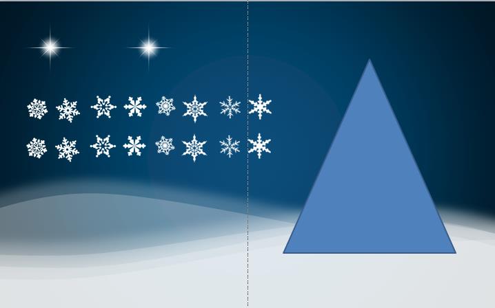 3. Kerstboom 3.1. Kopieer de 8 sneeuwsterren en plak deze in uw dia (Ctrl+C en Ctrl+V) 3.2. Druk nogmaals op Ctrl+V. U hebt nu 16 sneeuwsterren 3.3. Invoegen > Vormen > Gelijkbenige driehoek 3.4.