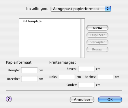 AFDRUKKEN VANUIT MAC OS X 38 Aangepaste paginaformaten definiëren en bewerken in Pagina-instelling Bij aangepaste paginaformaten definieert u zelf de afmetingen en marges van de pagina.