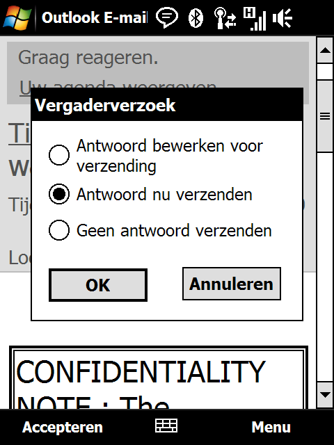 146 Omgaan met zakelijke e-mails en vergaderafspraken Als u het vergaderverzoek accepteert, wordt het automatisch toegevoegd als een afspraak in Agenda op het toestel.