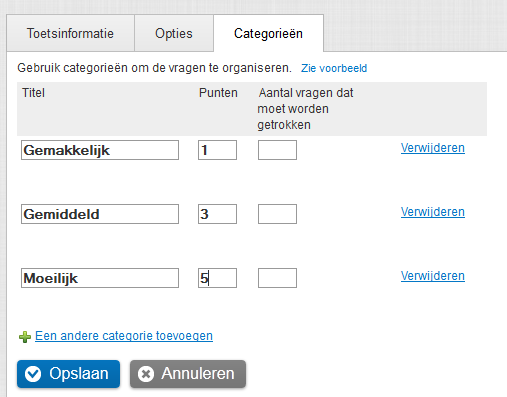 meer punten kan belonen dan eenvoudigere vragen. Een belangrijk aspect van de categoriefunctie is de mogelijkheid de vragen verschillend te wegen.