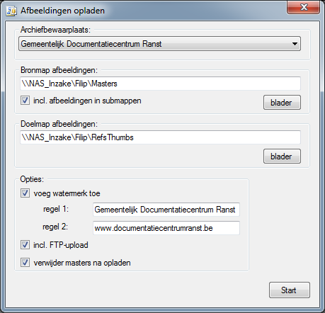 9.1 Opladen Kies in het menu Digitale objecten het item Afbeeldingen opladen of klik op de knop Afbeeldingen opladen Kies de archiefbewaarplaats Kies de bronmap: dit is de map waarin de