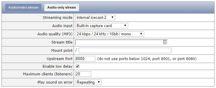 4.5.2 Een stream met alleen audio Voor een audio-only stream kunt u een aantal zaken instellen. Welke opties u te zien krijgt, hangt af van de gekozen streaming mode.