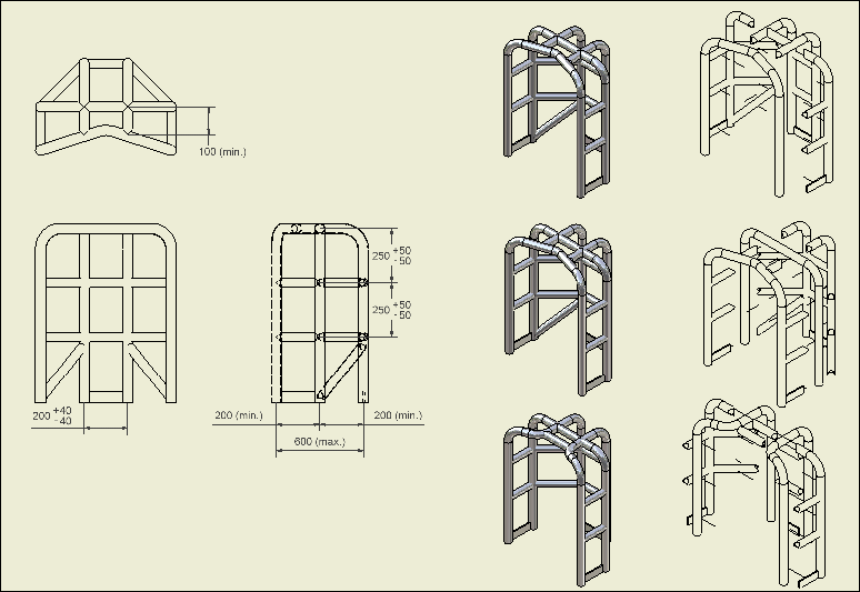 5.17. Een rolkooi bestaat uit een buizenframe waarvoor geldt d 5.17.1. deze geconstrueerd is volgens één van de modellen en volgens de afmetingen als in onderstaande tekening, de buizen die als één stuk getekend zijn moeten ook uit één stuk gebogen zijn.