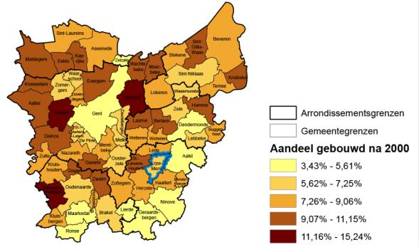 be Oost-Vlaanderen Aandeel woongelegenheden gebouwd na 2000 in het totale aantal woongelegenheden Het aandeel zeer recente woongelegenheden (gebouwd na 2000) is in niet uitgesproken hoog.