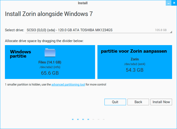 Handleiding installatie Zorin OS 9 Core 14 Indien u voor de eerste optie hebt gekozen krijgt u het volgend venster te zien met de partitietabel.