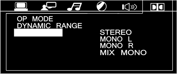 F. Stereo setup (stereoinstellingen) Met dit menu kunt u kiezen: 01) OP mode (outputmodus) Selecteer uw gewenste outputmodus met gebruik van de cursorknoppen (35/36/55/56) en bevestig uw keuze door