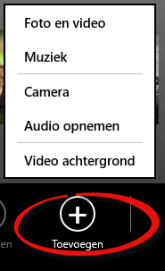 Bijvoegen van geluid en muziek Muziek of geluiden die je ergens in de verkenner hebt staan via deze weg toevoegen. Zelf audio opnemen.
