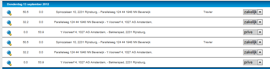 Ritten verwerken Uw (uitgelezen) ritten vindt u onder het kopje Rittenoverzicht. Door op het vergrootglas voor de rit te klikken, ziet u de details van uw rit.