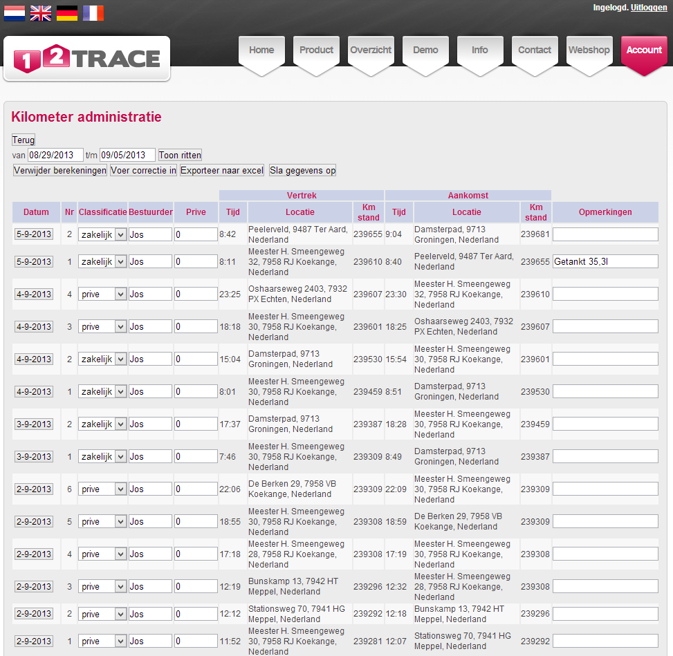 Buiten de geautomatiseerde administratie door 12Trace blijft het verantwoorden van welke ritten privé, dan wel zakelijk met prive-deel voor de gebruiker.