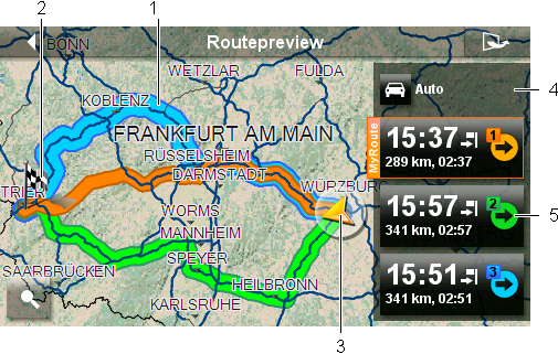 Verkeer: Opent het venster VERKEER, waarin aanwezige verkeersinformatie in een lijst staat vermeld (zie "TMC (Verkeersberichten)", pagina 81).