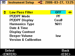 Power Quality Clamp Meter Metingen Afbeelding 15 toont de items die beschikbaar zijn in het menu met overige instrumentinstellingen. eln17.bmp Afbeelding 15.