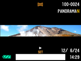 Bekijken van een Panoramabeeld 1. Druk op [p] (WEERGAVE) en toon vervolgens m.b.v. [4] en [6] de panoramabeelden die u wilt bekijken. 2.