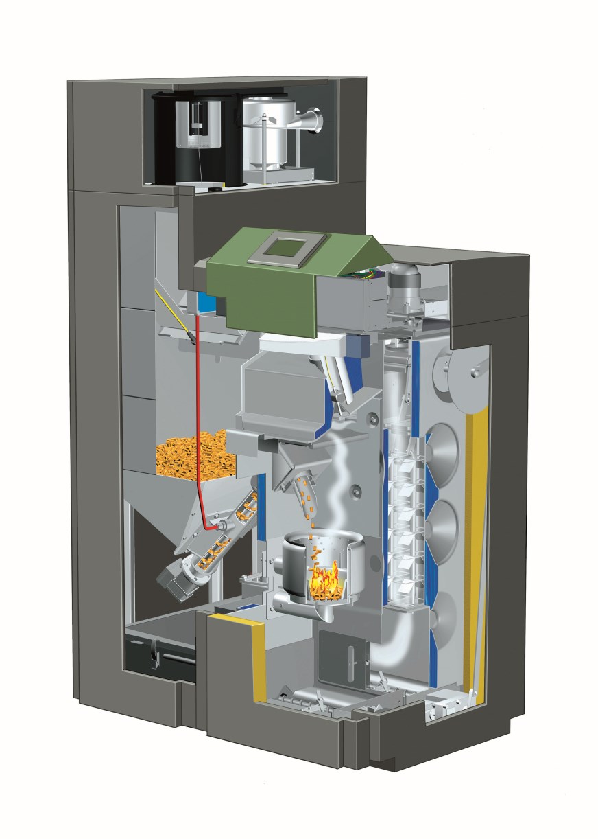 HDG K 9,9 kw tot 60 kw Geschikt voor pellets Automatische reiniging van de warmtewisselaar en branderkop, en automatische ontassing in interne aston met een asinhoud geschikt voor 4 ton