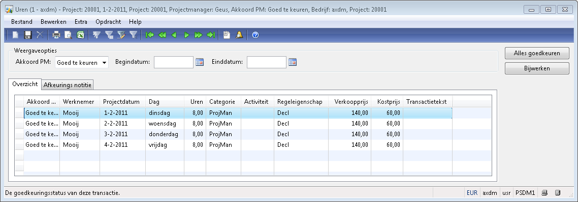 Controle uren door verantwoordelijke projectmanagers Per project kan worden opgegeven of de uren die op het project geboekt worden, eerst door de projectmanager goedgekeurd dienen te worden alvorens