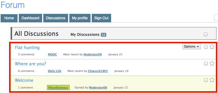 3.2.3 Berichten lezen U kunt berichten op het forum lezen door op het tabblad Discussies te klikken.
