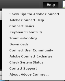 Help. Door op het Helpmenu te klikken, kunt u kiezen uit een serie ondersteuningsopties die Adobe Connect aanbiedt.