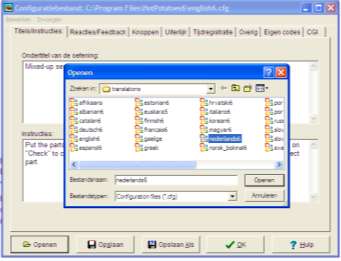 Bij elke Hot Potatoes module zal je ook de uitvoer eerst Nederlandstalig moeten maken. Dit doe je via Opties, Uitvoer configureren, Openen, Nederlands6 kiezen, Openen.