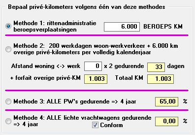 Stap 2: kilometerstanden ingeven (raming of actuele standen) Om voor dit voorbeeld tot een afgeronde raming van 40% privé en 60% beroep te komen bepalen we de geraamde eindstand van de teller op 10.