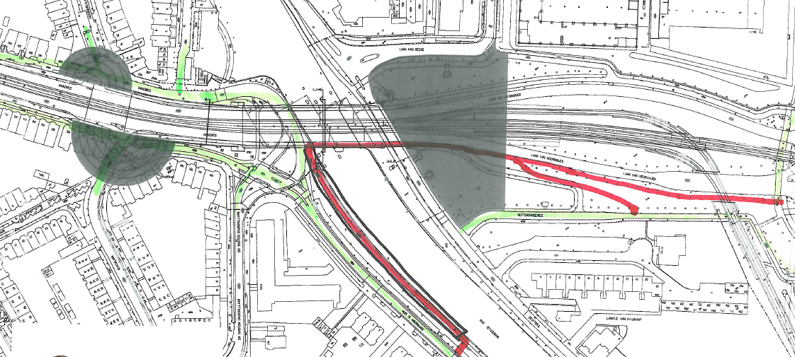 optimalisatienotitie Hoornbrug ALTERNATIEF 2: SMALLE BRUG MET OPRIT FIETSPAD WESTZIJDE Optie 2a: Met het fietspad aan de noordzijde van de brug: dalen met de weg mee (maar minder snel) en dan een