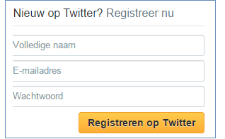 1. Een zakelijke Twitter-account aanmaken Stap 1 Ga naar www.twitter.com en vul je gegevens in. Volledige naam Vul hier je voor- en achternaam of bedrijfsnaam in. E-mailadres Vul je e-mailadres is.