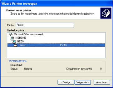 Selecteer de optie Netwerkprinter, of een printer die met een andere computer is verbonden en klik op Volgende. 4. Klik in het nieuwe venster op Volgende om het zoeken naar printers te starten. 5.