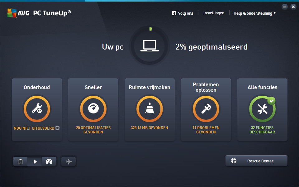 3.1. Het Dashboard Het nieuwe AVG PC TuneUp Dashboard is het centrale toegangspunt voor alle functies en optimalisatieopties.