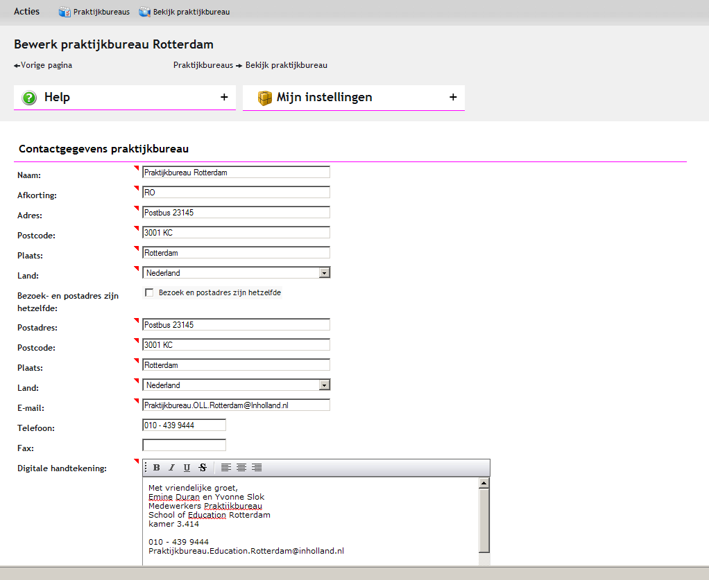 8. Praktijkbureau Handleiding Praktijkplein Praktijkbureau Op deze pagina kun je de gegevens van het praktijkbureau bekijken of bewerken.