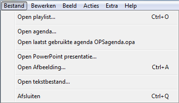 De menu balk De beschrijving hieronder gaat er van uit dat de beamer geopend is. Menu Bestand Open playlist: het openen van een bestaande playlist (gemaakt met de Playlist Editor).