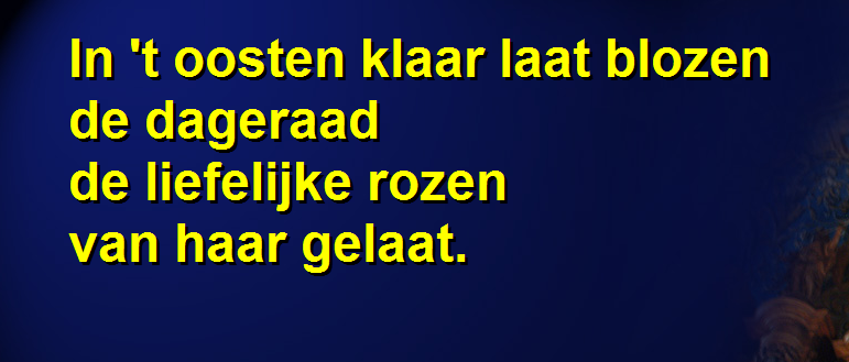 Als in de kolommen de muisaanwijzer op een tekstblok komt, verandert de kleur in felgeel, als er op geklikt wordt gebeuren de volgende dingen: is er een andere achtergrond beschikbaar bij dit lied,